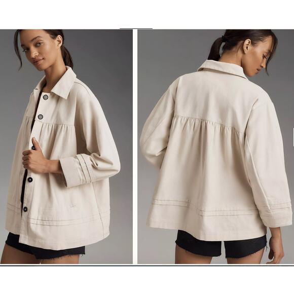Maeve Oversized Collared Swing Jacket Cream Textured Button Front Size L - Picture 1 of 8